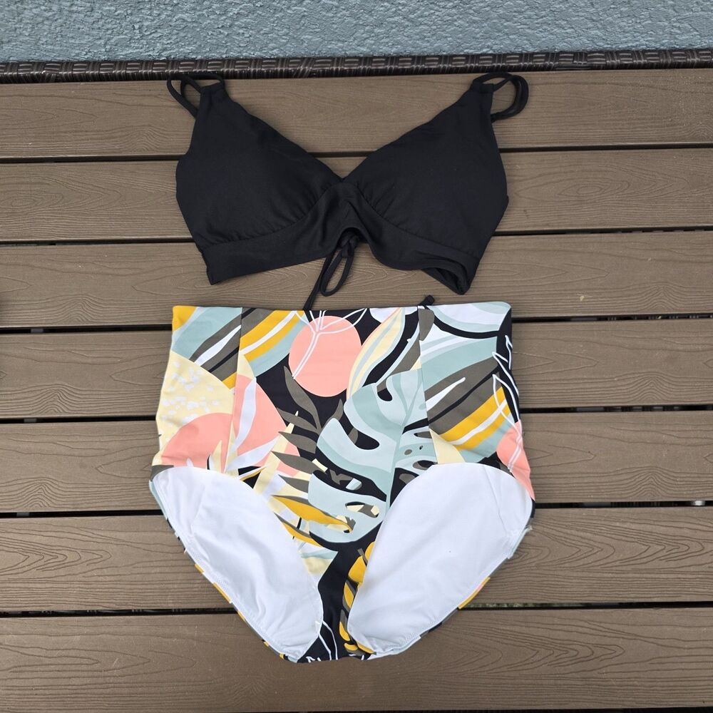 CALIA Women Black Triangle Bikini Top & Palm Power Sculpt Bikini Sz L New No Tag